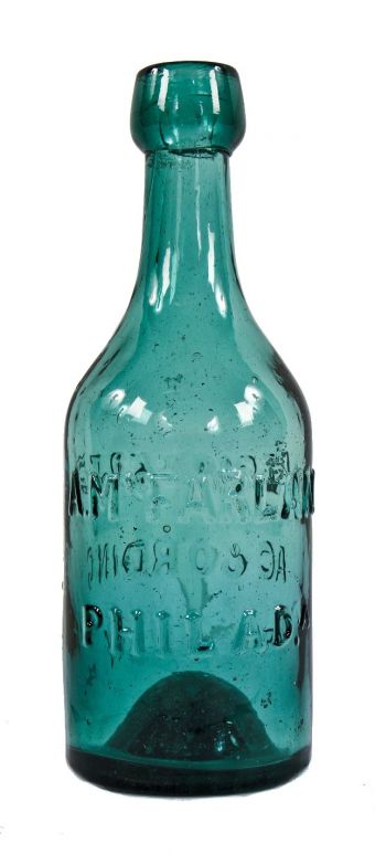 original 1845-1855 antique american philadelphia privy dug a. mcfarland teal green iron pontil soda or mineral water two-leaf mold glass bottle with blob top or collar