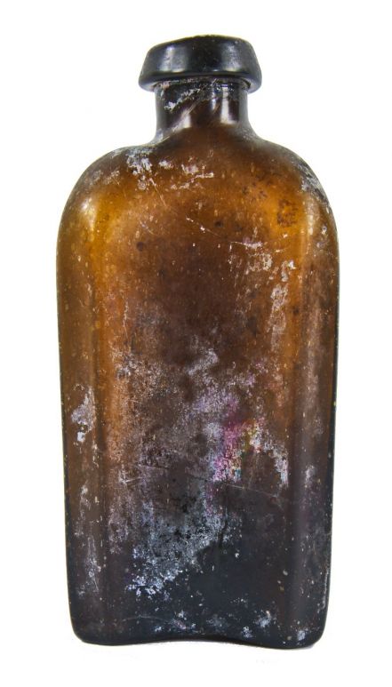 very rare and original antique american 1830's strikingly crude dark olive amber open-pontiled utility bottle with applied collar discovered in a baltimore privy vault 