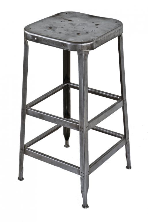 c. 1949-55 original vintage american industrial chicago tool & die factory machine shop four-legged lyon stool with a brushed and sanded bare metal finish 