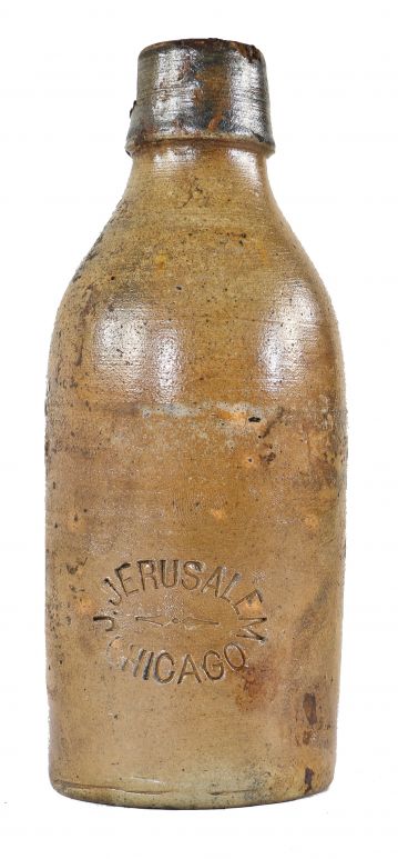 original c. early 1860's antique american privy dug chicago salt glazed stoneware beer bottle featuring a faded cobalt blue lip manufactured for joseph jerusalem