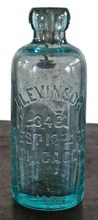 hard to find intact and original late nineteenth century light blue aqua glass hutchinson style soda bottle manufactured for chicago bottler i. levinson