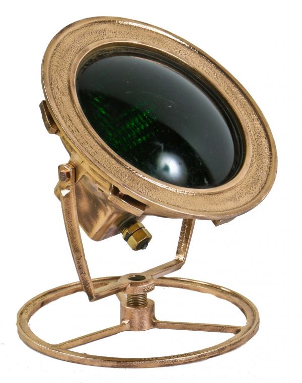 unique vintage american industrial cast bronze fully submersible chicago water fountain spot light fixture with yoke mount bracket and thick green glass lens 