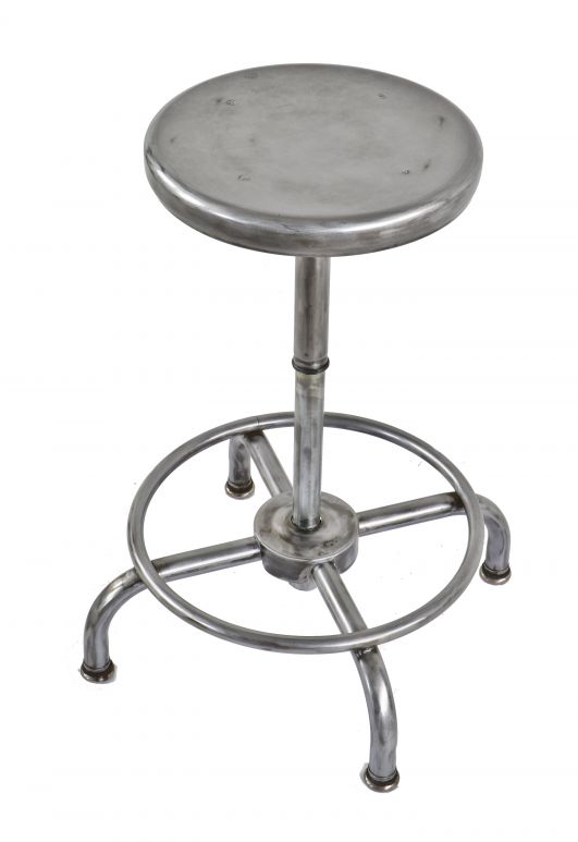highly desirable original and fully adjustable c. 1940's refinished hospital research laboratory stationary tubular steel stool with welded joint heel ring