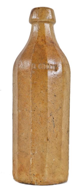 all original and well-preserved c. 1840's-1860's oversized 12-sized dr. cronk's sarsaparilla beer or mineral water salt-glazed earthenware privy dug bottle 