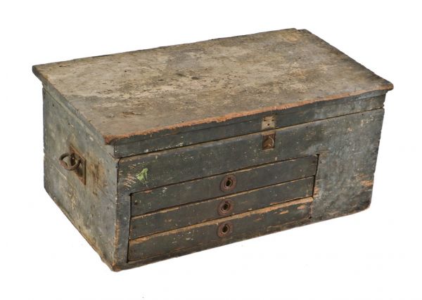 original primitive 19th century portable american industrial weathered and worn painted pine wood railroad roundhouse mechanic's tool chest with three pull-out drawers