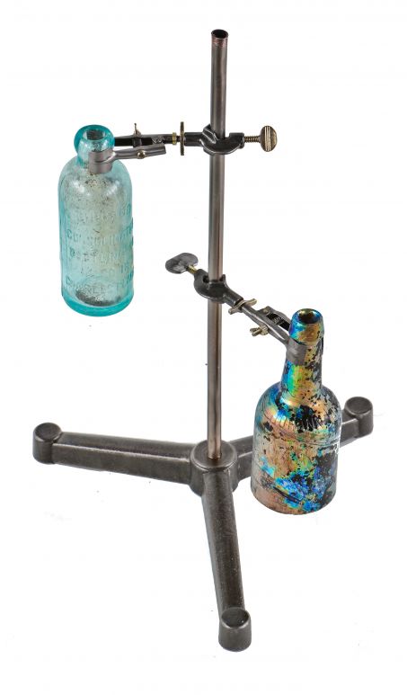early 1920's refinished american antique industrial research laboratory freestanding retort stand with two adjustable glassware clamps and weighted base