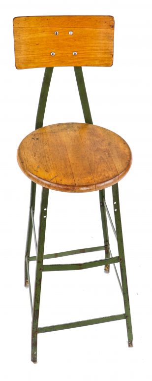 original late 1950's america vintage industrial pollard brothers angled iron factory machinist stool with all-welded joints and solid maple wood seat and backrest