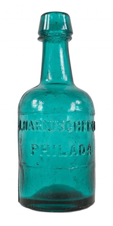 original and intact c. 1850-1860 tumbled teal green glass squat body "j. harnischfeger" mineral or soda water privy dug bottle with deeply embossed lettering
