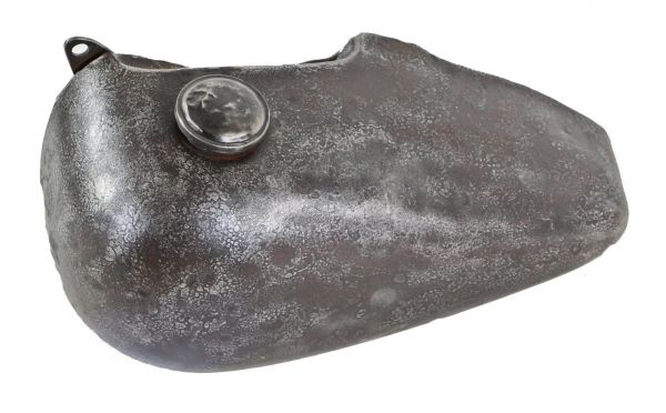 original vintage american industrial single compartment pressed and folded steel motorcycle gas tank with original threaded cap 