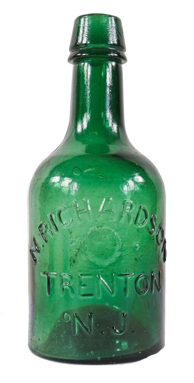 original and intact 1850's privy dug deep emerald green iron pontiled porter bottle manufactured by n. richardson in trenton, n.j
