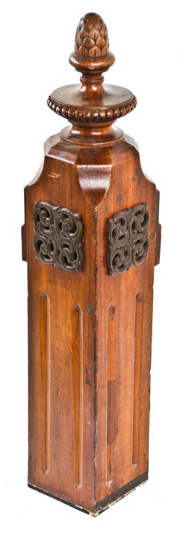 original and intact 19th century four-sided varnished walnut wood box-shaped joesph t. ryerson mansion staircase newel post with hand carved finial 