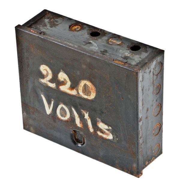 early 1920's original antique american industrial "220 volts" black enameled steel electrical box with intact hinged cover and recess drop handle