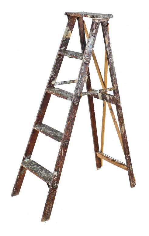 c. 1896 original and structurally sturdy "old reliable" folding a-frame pine wood painters' ladder with reinforced rungs containing steel tie rods throughout
