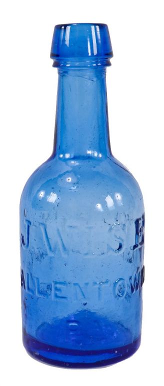 original 19th century lightly cleaned privy dug cornflower blue glass soda or mineral water j. wise civil war-era smooth base bottle featuring an applied tapered collar with a single ring