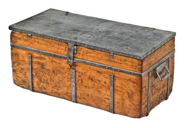 unusual early 20th century american antique industrial reinforced pine wood  pipefitter tool chest with folded sheet