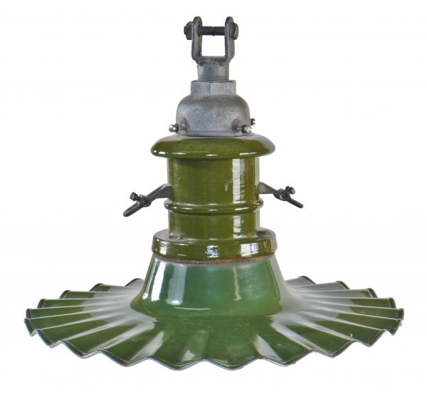 highly sought after all original and intact american antique industrial depression era "cutter" green porcelain enameled radial reflector street light
