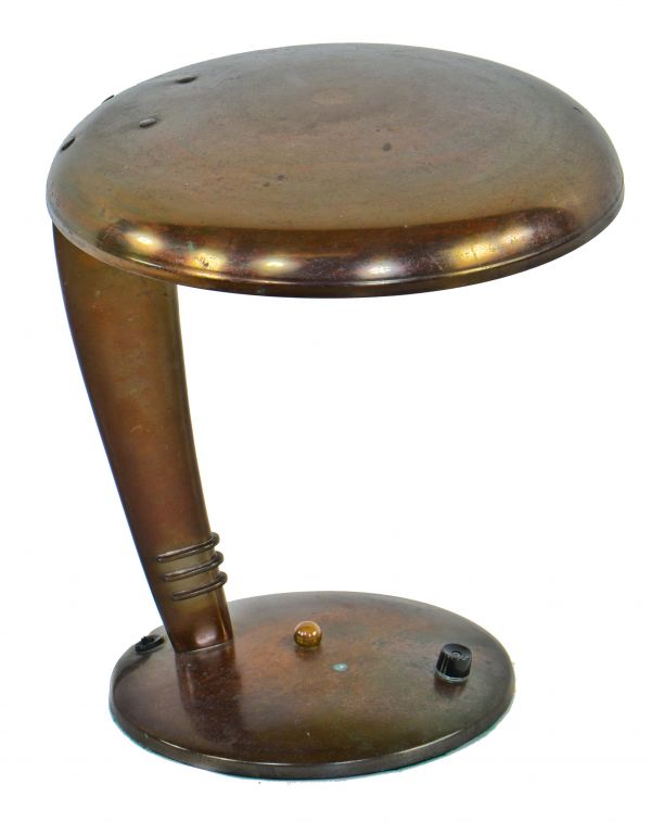 original and fully functional normandy bronze-plated american art deco streamlined style bel geddes-esque faries table reading "cobra" lamp with intact bub reflector 