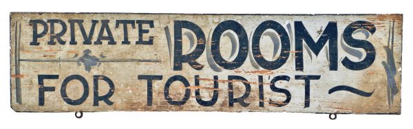 one of a kind american depression era hand-painted rectangular-shaped wood hanging roadside "private rooms for tourists" with fanciful shadowed lettering 