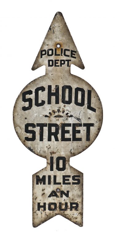 c. 1910-1920 all original antique american industrial hand-painted "10 miles an hour" cautionary speed limit school zone steel directional arrow post sign 