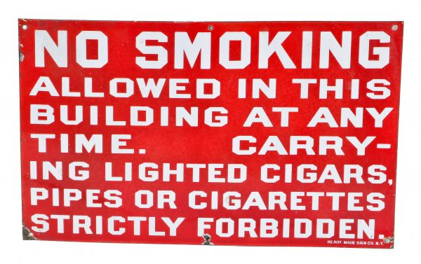original brightly colored cherry red enameled porcelain or vitreous american industrial cold-rolled steel "no smoking" factory sign 
