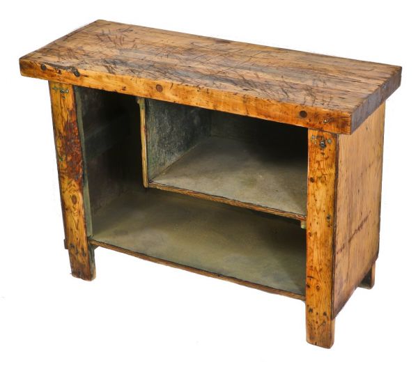 c. 1930's lightly refinished american depression era custom-built nicely worn industrial stationary four-legged workbench with a thick maple wood tabletop 