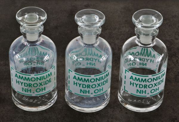 three matching c. 1940's antique american industrial "pyrex" brand intact and original chemistry research laboratory reagent bottles with baked on green enameled lettering