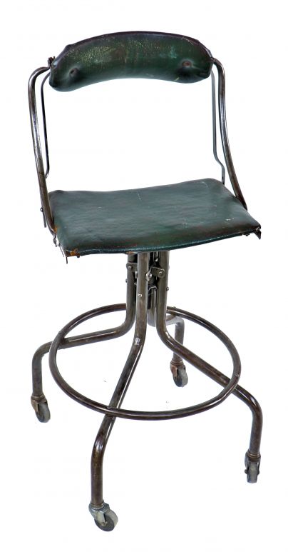 all original and intact c. 1940's american industrial versatile bent tubular steel mobile "do-more" aeronautics factory chair or stool with cushioned seat and contoured backrest 