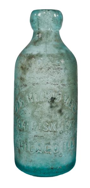 hard to find original and intact c. 1880's light blue hand blown hutchinson style blobtop bottle manufactured for chicago brewer joseph hladovec