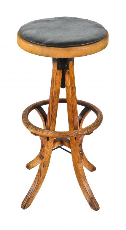all original and completely intact highly collectible late 19th century antique american industrial model "2307k" solid oak wood adjustable height drafting stool with original woven fabric seat 