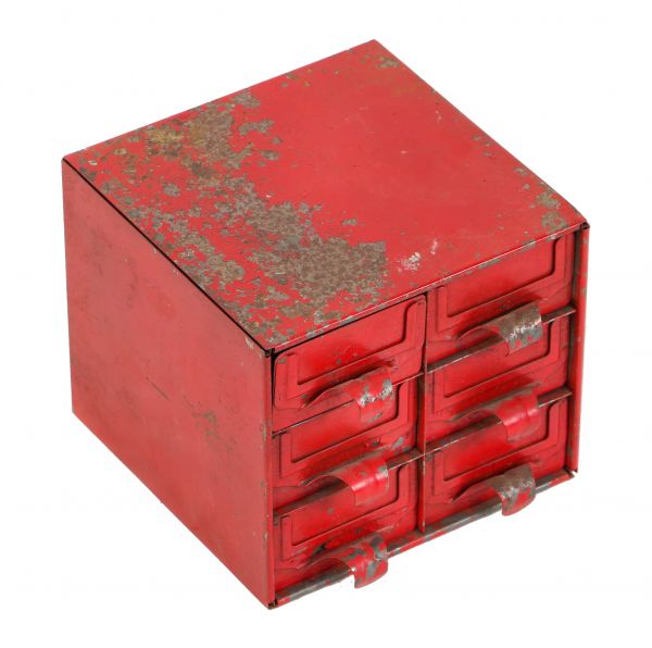 old red painted c. 1930's diminutive six-drawer pressed and folded steel workbench storage cabinet with label slots and original finger pulls