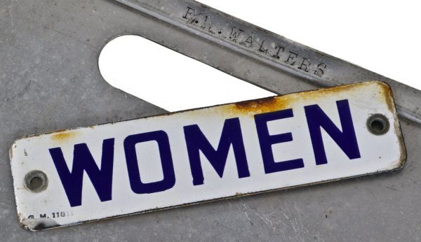 c. 1930's original american factory administration office "women" single-sided porcelain enameled flush mount lavatory door sign comprised of cold-rolled steel 
