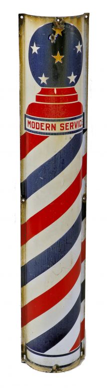 original c. 1930's american depression era single-sided  wall-mount exterior polychromatic vitreous enameled "modern service" barber pole trade sign from the south side of chicago 