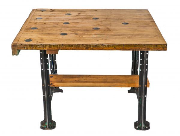 repurposed c. 1940's american vintage industrial heavy duty stationary table with recycled maple wood bowling alley lane retaining the original bowling pin spots