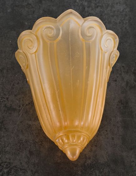 single american depression era two-tone baked-on enameled pressed glass ceiling fixture replacement slip shade listed as apart of the "fleur-de-lis" lighting series