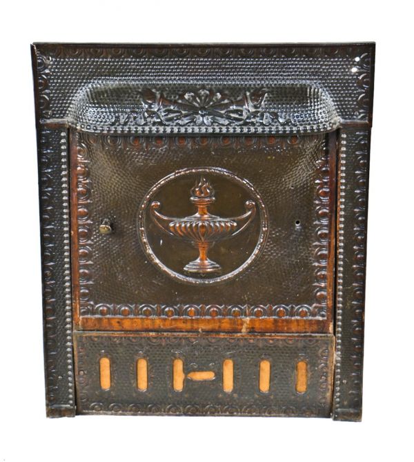 original early 20th century antique american interior residential three-flat antique copper-plated stamped steel intact dawson gas fireplace insert with original summer cover