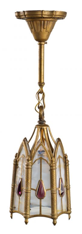 original and intact late 1920's or early 1930's american interior residential gothic style hallway electric pendant fixture salvaged from a chicago tudor revival home  