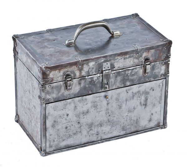 refinished american depression era chicago foundry machine shop reinforced metal tool chest with hinged top and intact interior circular-shaped mirror 