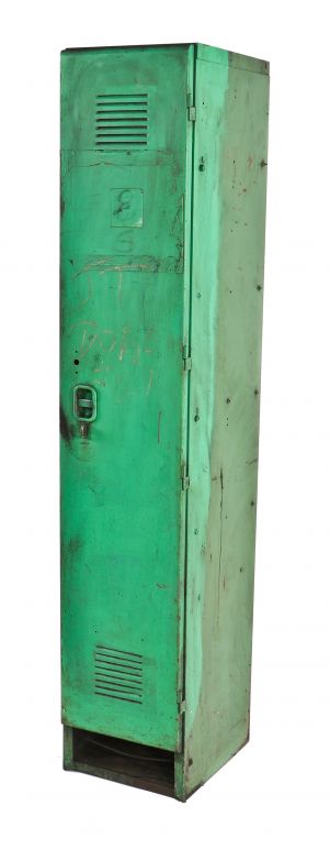 c. 1940's original vintage american industrial freestanding upright old "factory green" painted cold-rolled steel chicago foundry tool supply cabinet with louvered vents