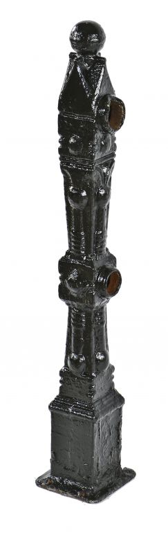 late 19th century original black enameled "chicago style" ornamented cast iron freestanding exterior residential newel post with ball finial  