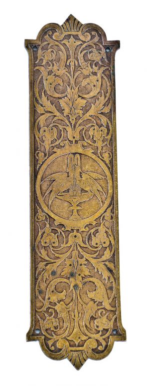 all original and highly sought after c. 1870's heavily ornamented cast bronze american victorian era interior residential swinging door figural push plate 