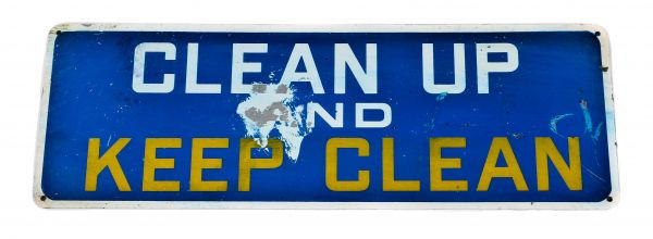 single-sided c. 1950's weathered and worn wall-mount baked-on enameled steel chicago foundry locker room "clean up and keep clean" sign 