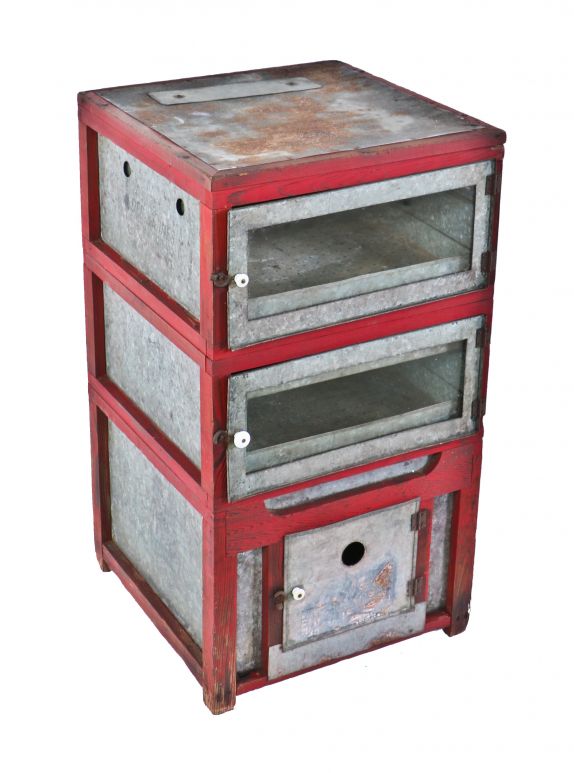 early 20th century american all original antique industrial freestanding galvanized steel hot air incubator or brooder with intact red-painted wood frame and hinged doors