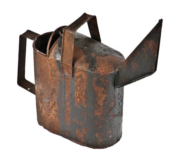 original and unusual early 20th century antique american industrial oversized all-welded joint worn and weathered steel hot roofing tar can with top and side handles 