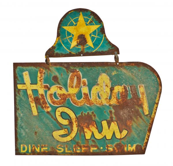 hard to find late 1950's double-sided exterior wilson-era heavy gauge die cut steel holiday inn roadside motel sign with add-on compass rose