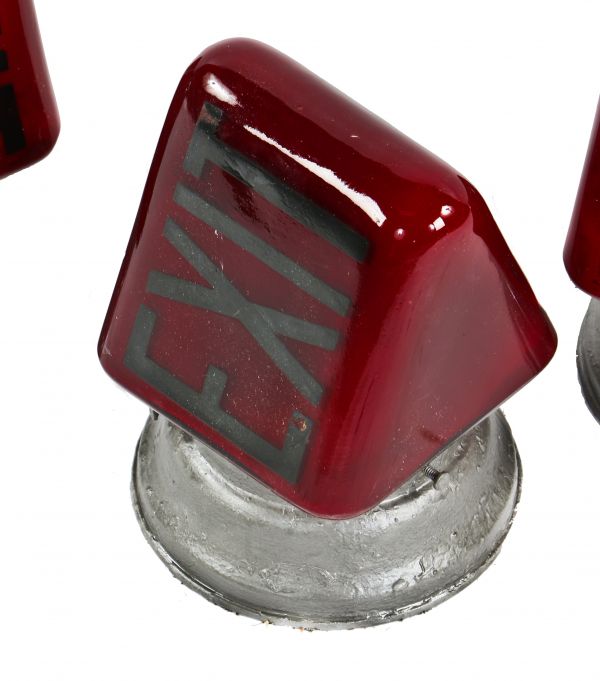 single american depression era ruby red glass double-sided illuminated wedge-shaped exit light wall sconce with spun steel shade fitter and socket