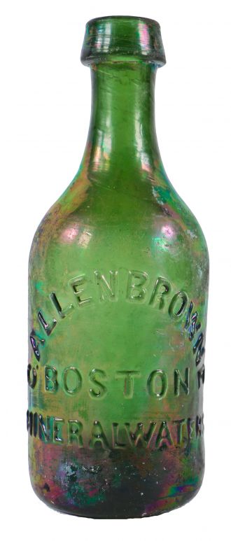 late 1840's original emerald green glass privy dug c. allen browne mineral waters antique american iron-pontiled soda bottle with applied tapered lip 