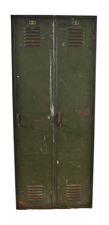 two interconnected c. 1920's all original american antique "berloy steel" freestanding factory locker double-unit with baked-on olive green paint finish 
