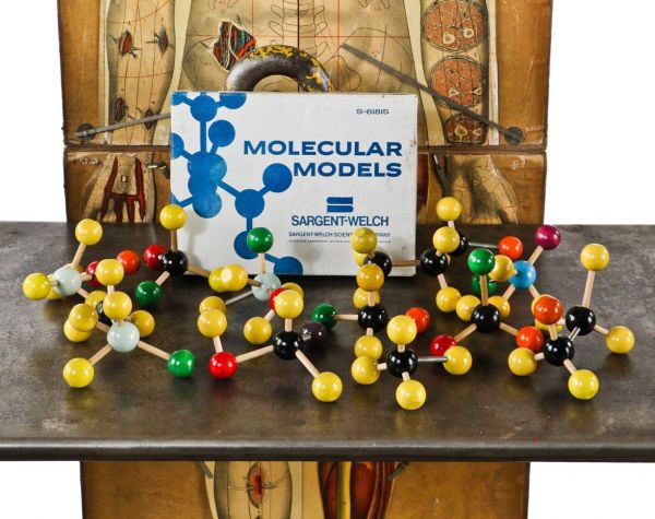 large lot of all original hand-painted vintage american wood "molecular model" science classroom components representing the basic principles of atomic structure and bonding  