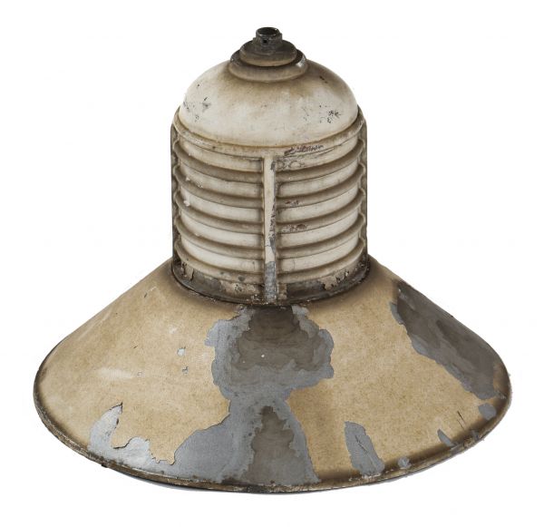 original vintage american industrial reinforced white enameled steel and/or aluminum custom designed exterior light fixtures with grooved socket housing