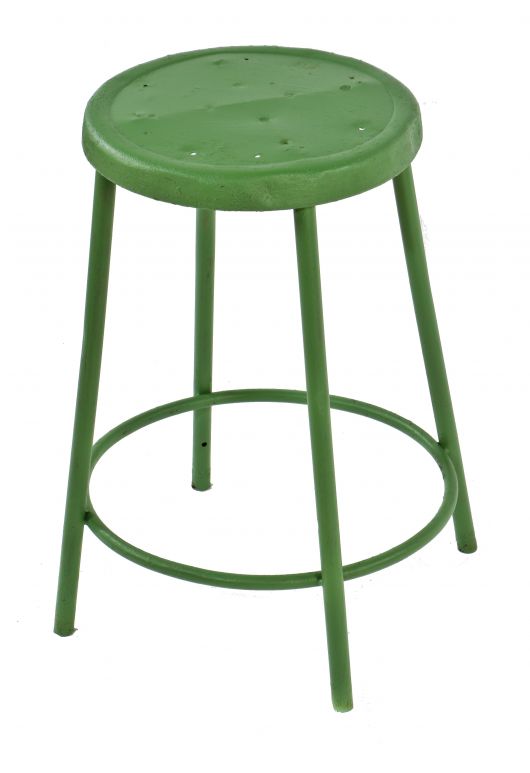 original c. 1950's vintage american industrial "factory green" enameled four-legged tubular steel stationary stool with welded joint heel ring for added stability 